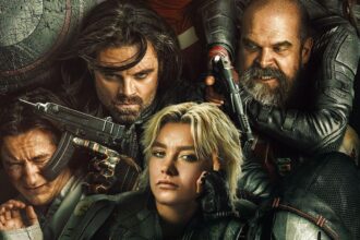 Banner promocional de Thunderbolts com elenco principal em destaque